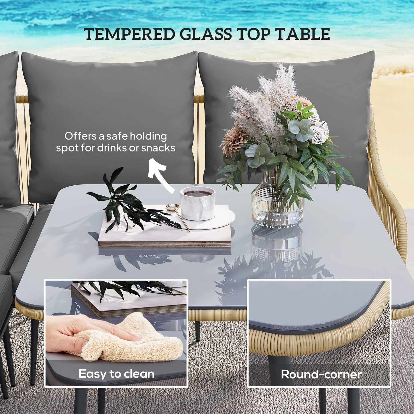 Outsunny Six-Piece Rattan Strong Garden Sofa Set with Tempered Glass-top Table - Brown/Grey