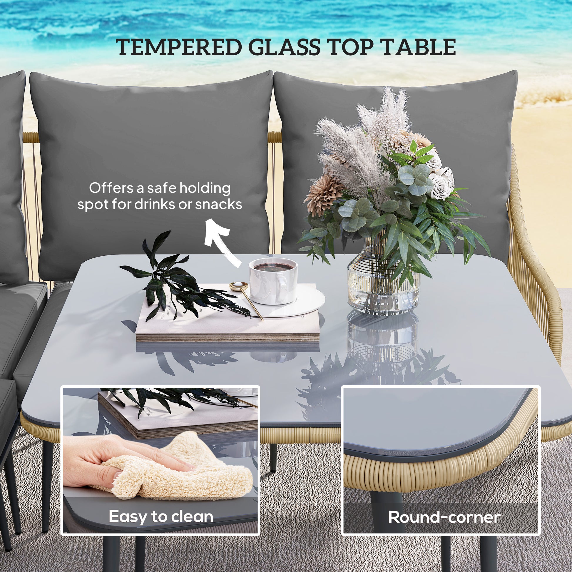 Outsunny Six-Piece Rattan Strong Garden Sofa Set with Tempered Glass-top Table - Brown/Grey