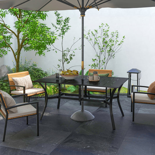 Sorrento Garden Dining Table with Parasol Hole, Garden Patio Table with Steel Frame and Slat Tabletop, Black