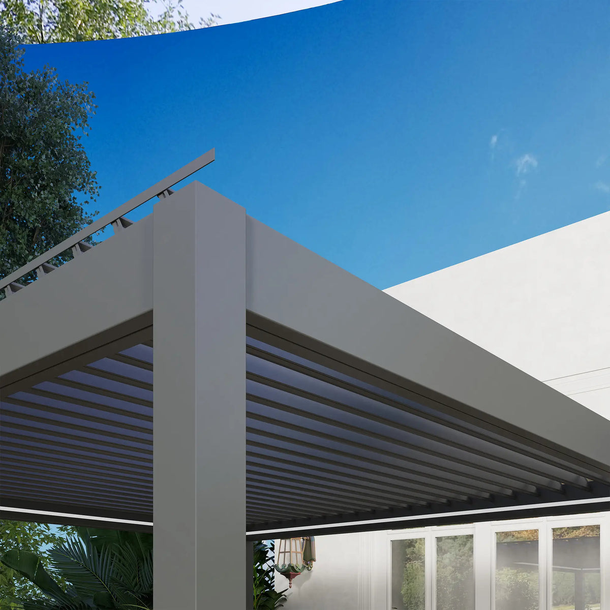 3m x 3m Dark Grey Motorised Aluminium Pergola with Remote – Controlled Louvered Roof, LED Lighting & Integrated Rainwater Drainage System