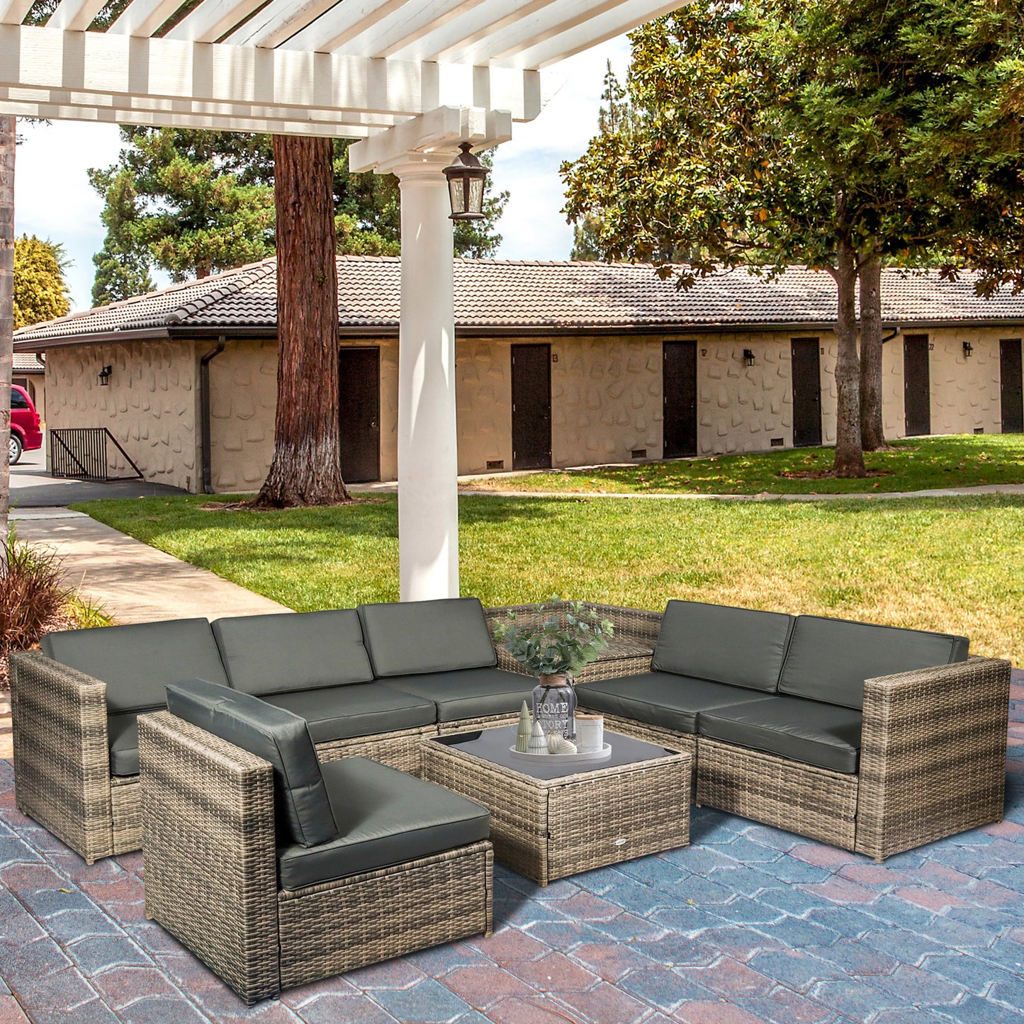 Tivoli 8 Piece Outdoor PE Rattan Sofa Set with Cushions and Glass Top Coffee Table, Mixed Brown