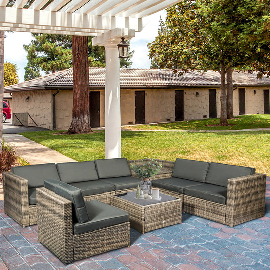 Tivoli 8 Piece Outdoor PE Rattan Sofa Set with Cushions and Glass Top Coffee Table, Mixed Brown
