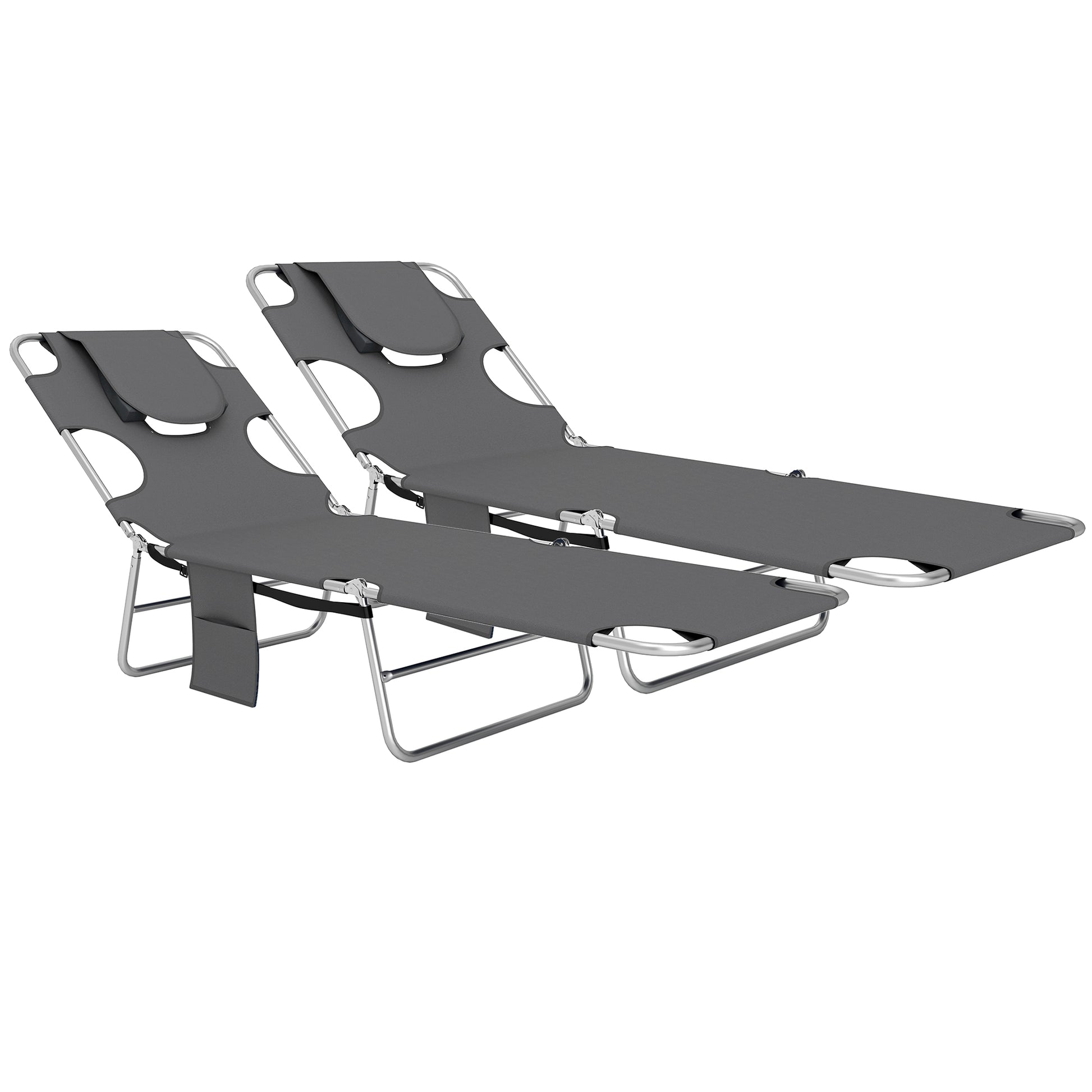 Outsunny Foldable Sun Lounger Set of 2, Beach Chaise Lounge with Reading Hole, Arm Slots, 5-Position Adjustable Backrest, Side Pocket, Pillow for Garden, Beach, Pool, Dark Grey