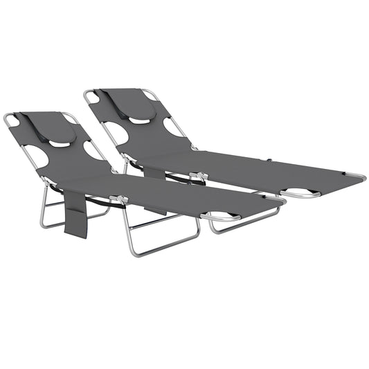 Outsunny Foldable Sun Lounger Set of 2, Beach Chaise Lounge with Reading Hole, Arm Slots, 5-Position Adjustable Backrest, Side Pocket, Pillow for Garden, Beach, Pool, Dark Grey