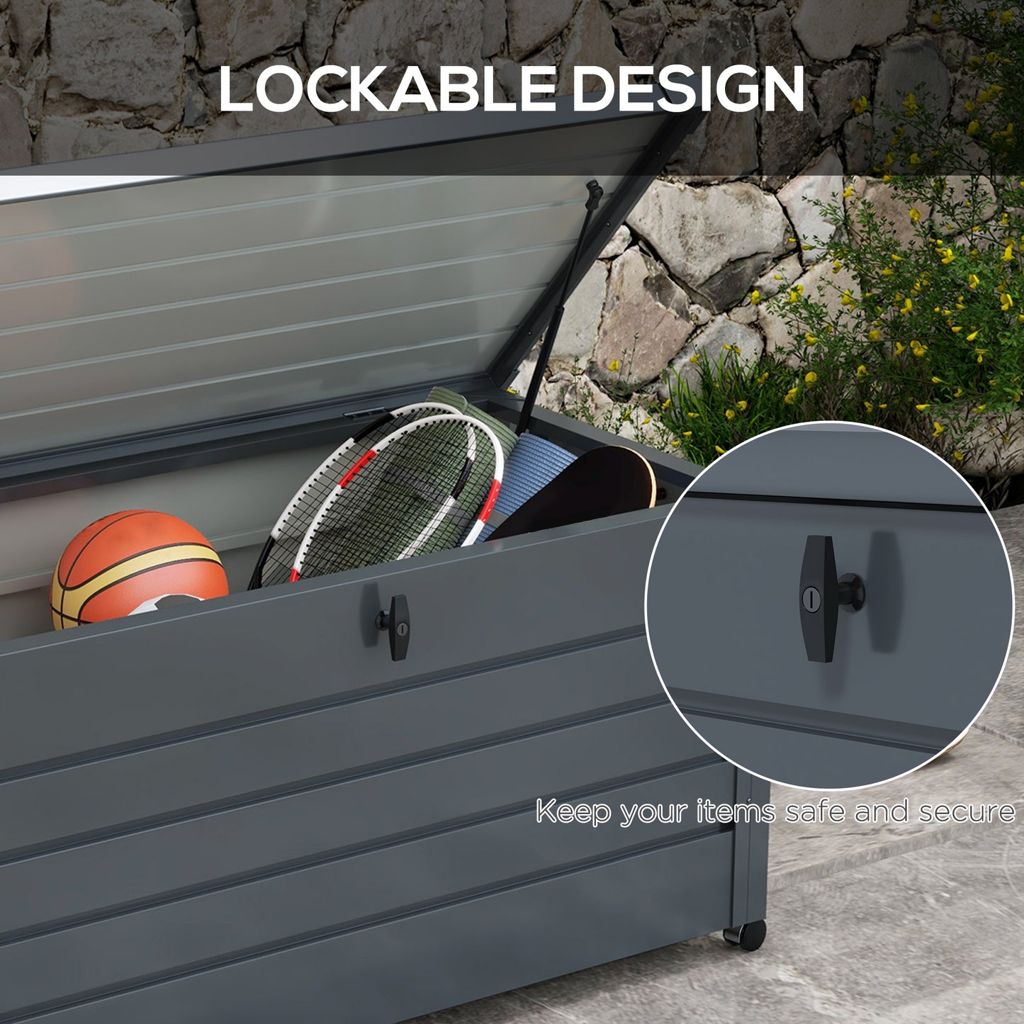 Outsunny - 311L Galvanised Steel Garden Storage Box, with Wheels, Lockable, Dark Grey