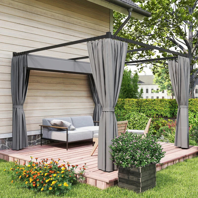 Light Grey 3m x 3m Retractable Roof Pergola Canopy – Outdoor Patio Shelter with Curtains, Metal Frame & Secure Fixing Kit