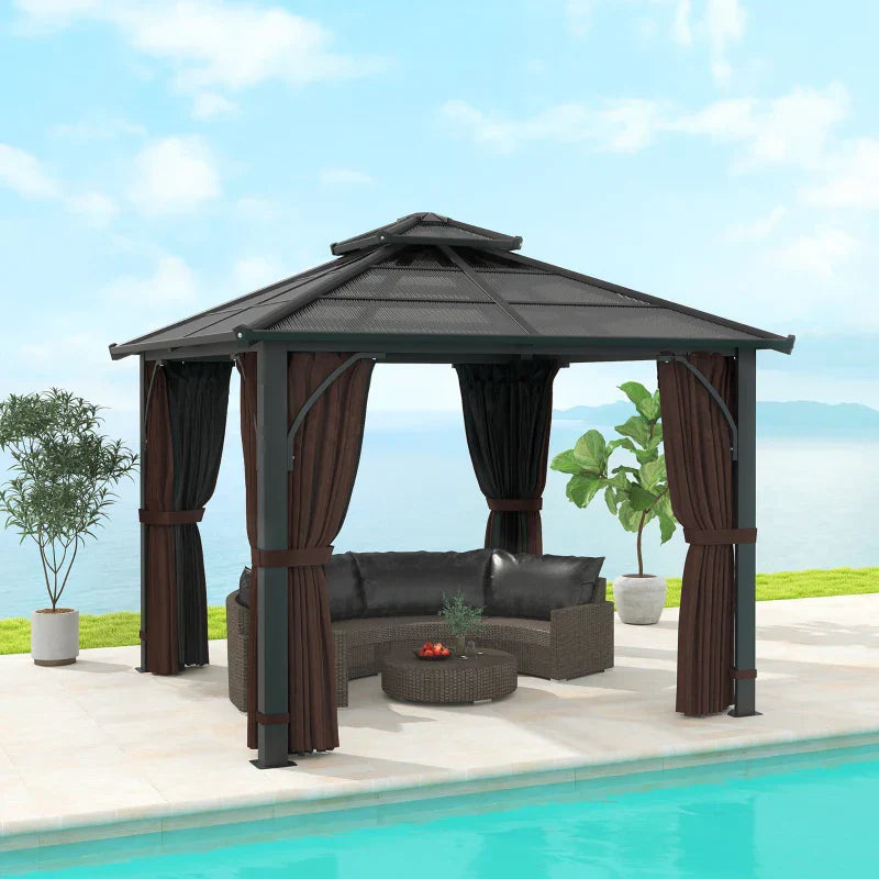 3x3m Brown Permanent Hardtop Gazebo Pavilion – 7mm Polycarbonate Double Roof Garden Shelter with Curtains & Insect Netting