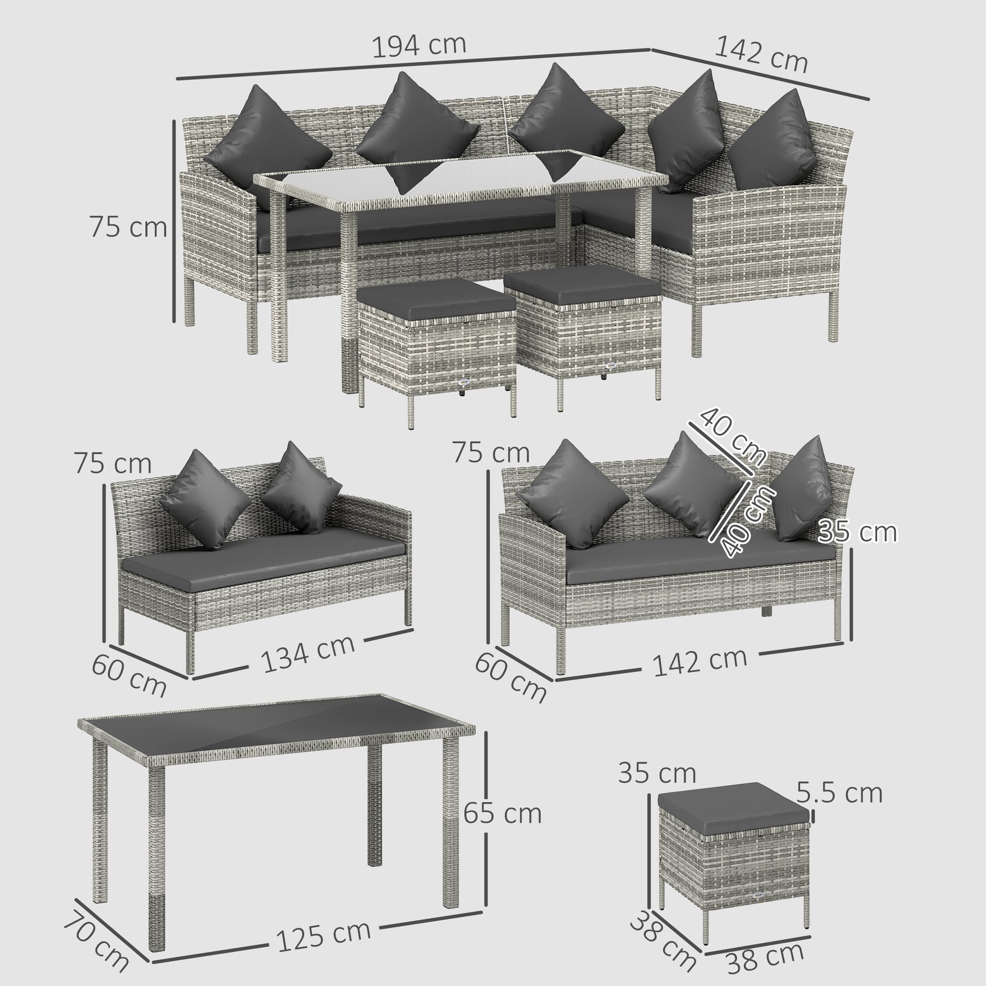 Outsunny tsunny 6-Seater Rattan Dining Set Sofa Table Footstool Outdoor w/ Cushion Garden Furniture, Dark Grey