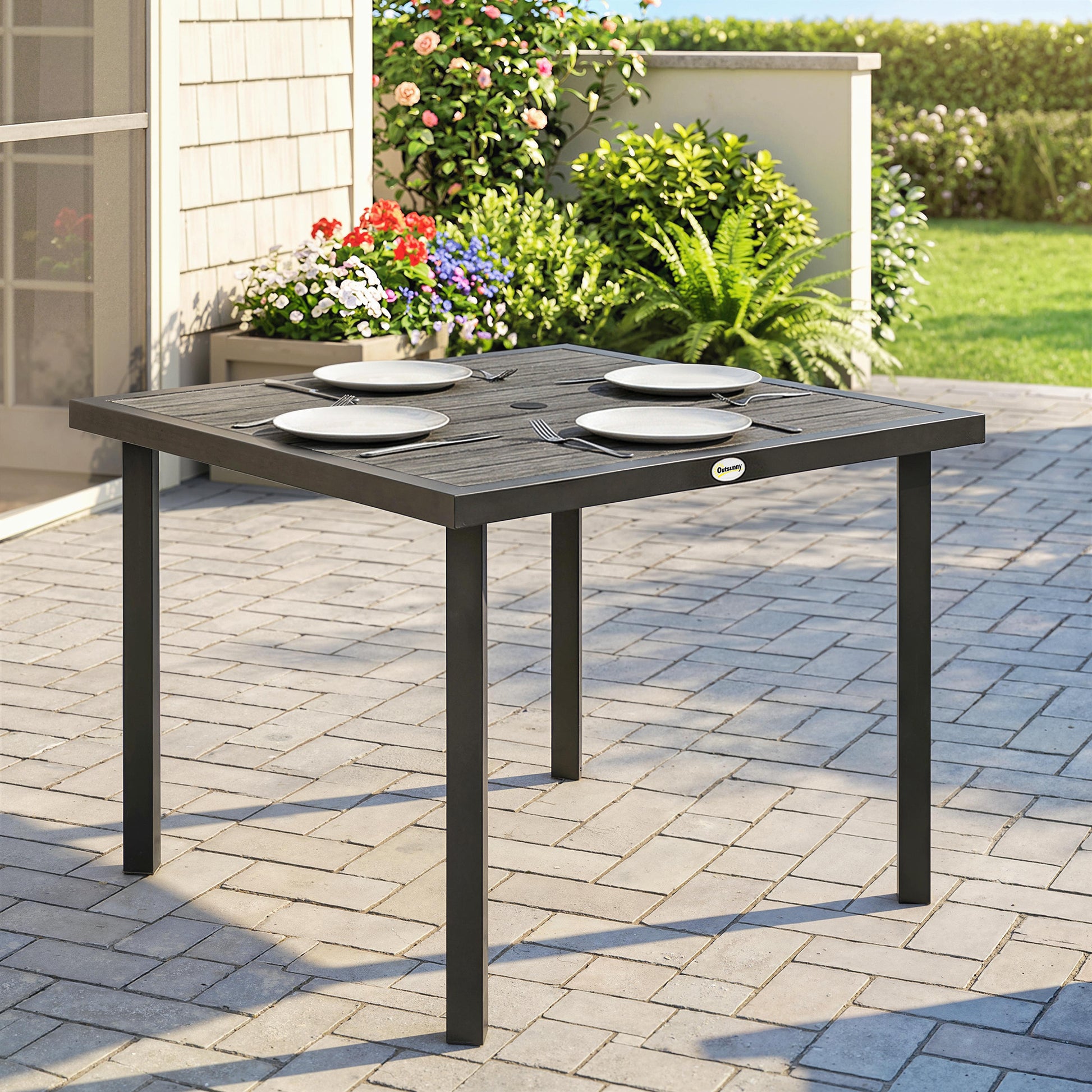 Outsunny Square Garden Dining Table with Parasol Hole, Slatted Top, Metal Frame, 86 x 86 x 71 cm, Light Grey