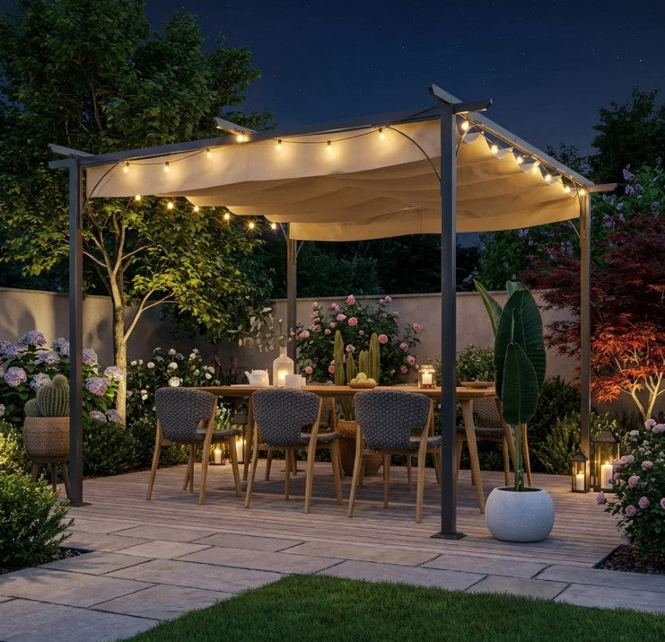 3m x 3m Steel Pergola with Beige Coloured Retractable Shade Canopy