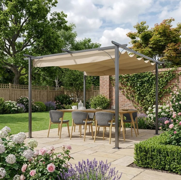 3m x 3m Steel Pergola with Beige Coloured Retractable Shade Canopy