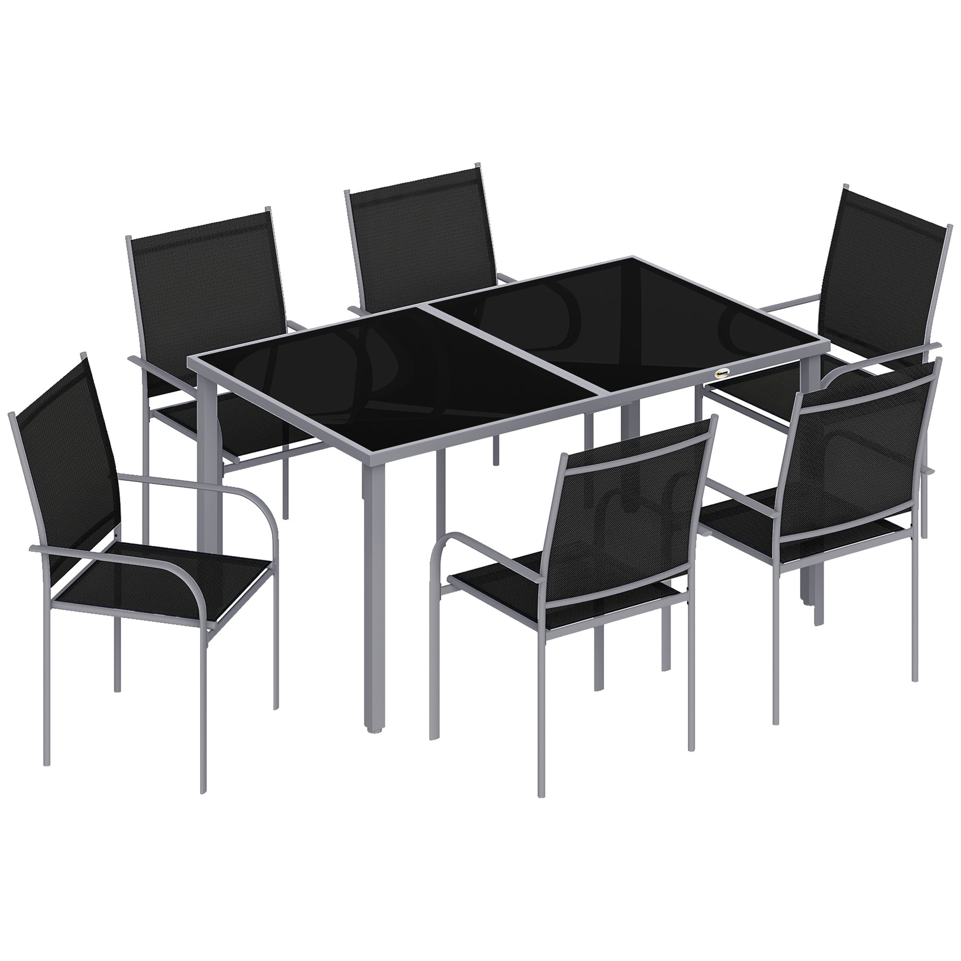 Outsunny 7 Piece Outdoor Garden Dining Set with Table and 6 Stackable Chairs, Steel Frame, Tempered Glass Top, Mesh Seats, Black