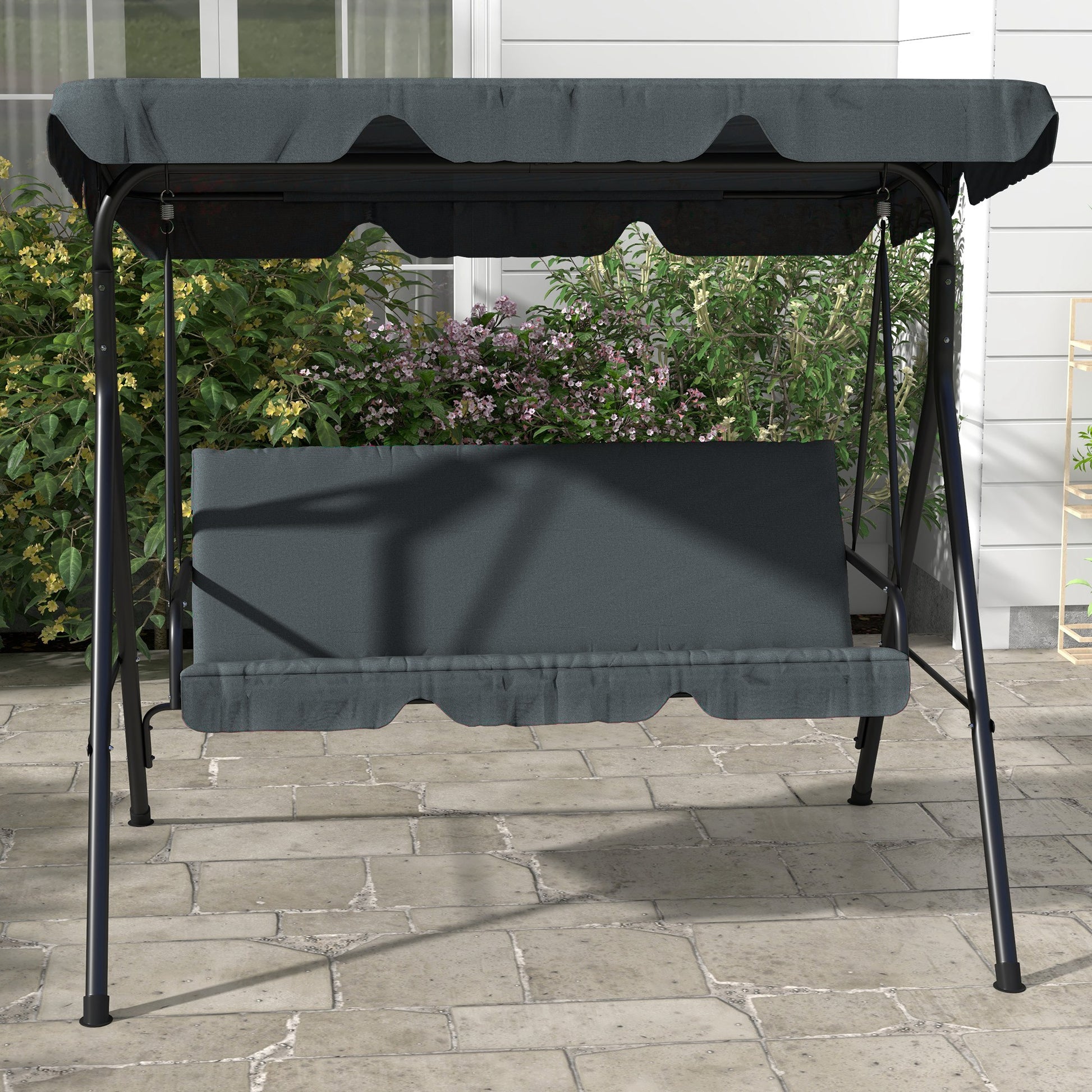 Outsunny 3 Seater Garden Swing Chair, Outdoor Swing Chair with Adjustable Canopy, Mental Frame & Cushions, Grey