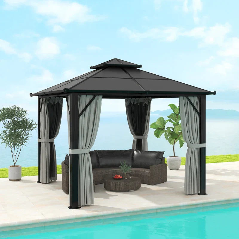 Grey 3m x 3m Permanent Hardtop Gazebo with UPF30+ Polycarbonate Roof, Aluminium Frame, Curtains & Mosquito Netting