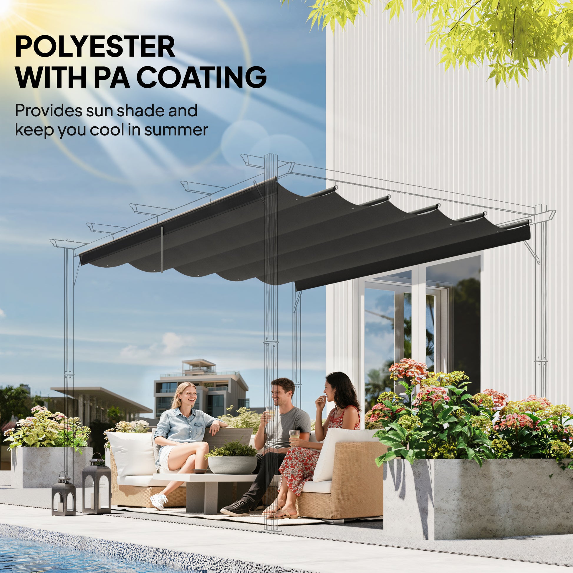 Outsunny Retractable Pergola Cover, 3.5 x 2.6 m Replacement Canopy Fabric for 4 x 3 m Frame, Roof Top Only, Dark Grey