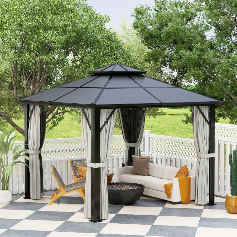 Grey 3m x 3m Permanent Hardtop Gazebo with UPF30+ Polycarbonate Roof, Aluminium Frame, Curtains & Mosquito Netting