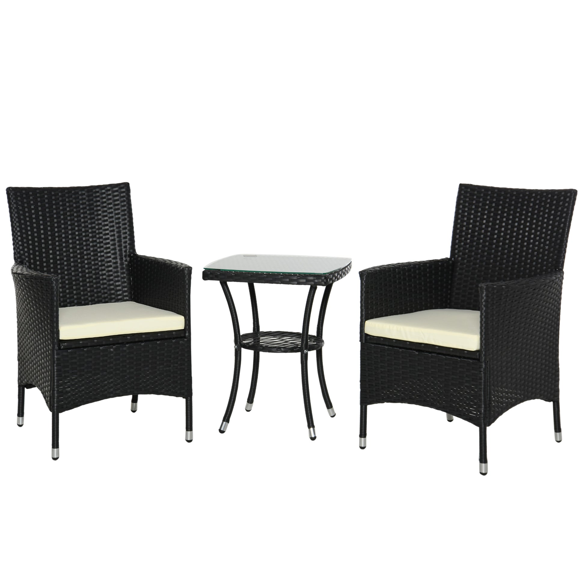 Outsunny 3 Pieces Rattan Bistro Set, Wicker Garden Furniture Set with 2-Tier Coffee Table and Chairs, Cushions, for Outdoor Patio Balcony, Black