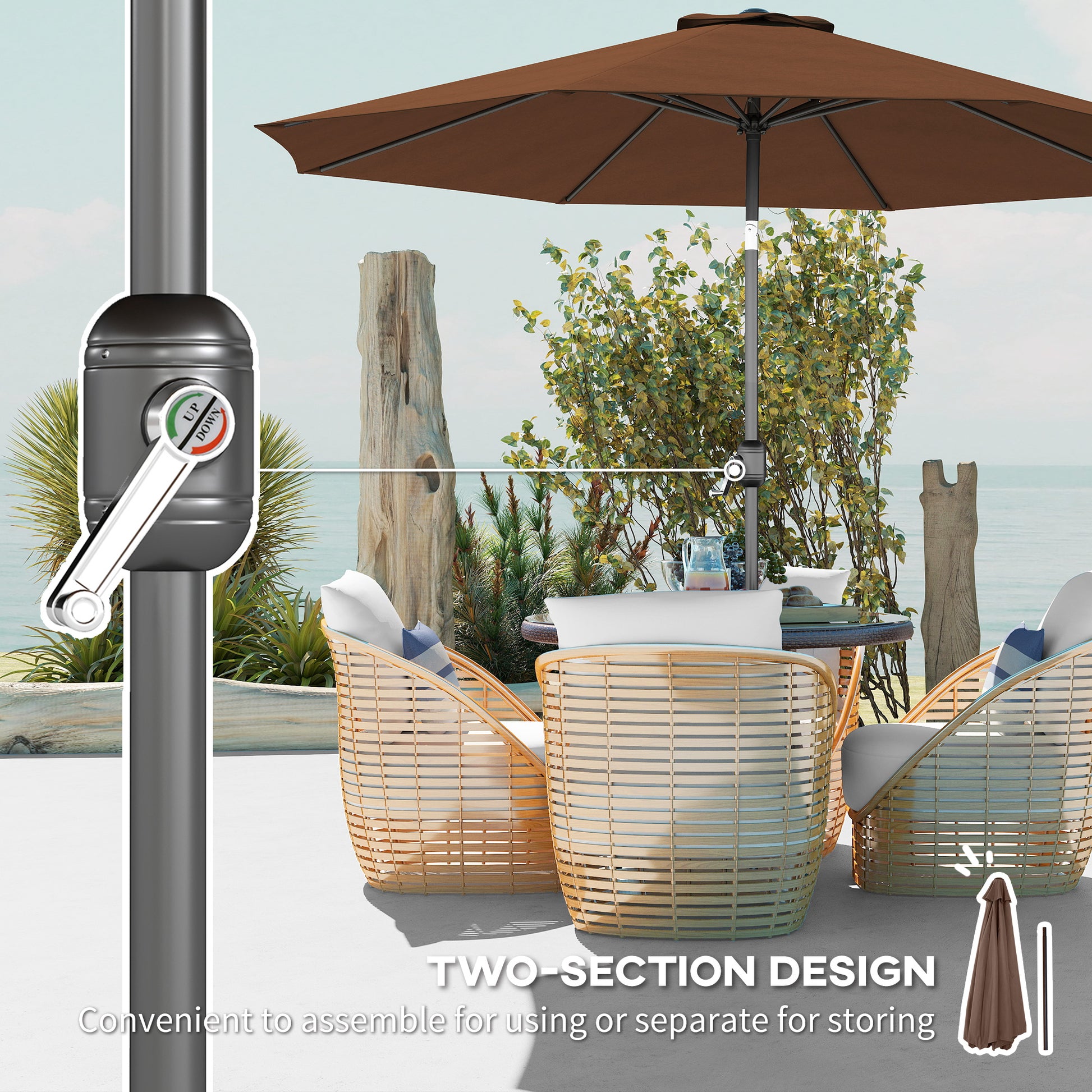 Outsunny 3(m) Tilting Parasol Garden Umbrellas, Outdoor Sun Shade with 8 Ribs, Tilt and Crank Handle for Balcony, Bench, Garden, Coffee