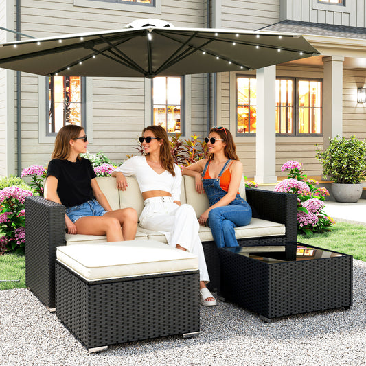 Marbella 3 Piece Garden Furniture Set w/ Cushions, PE Rattan Conversation Corner Sofa Set