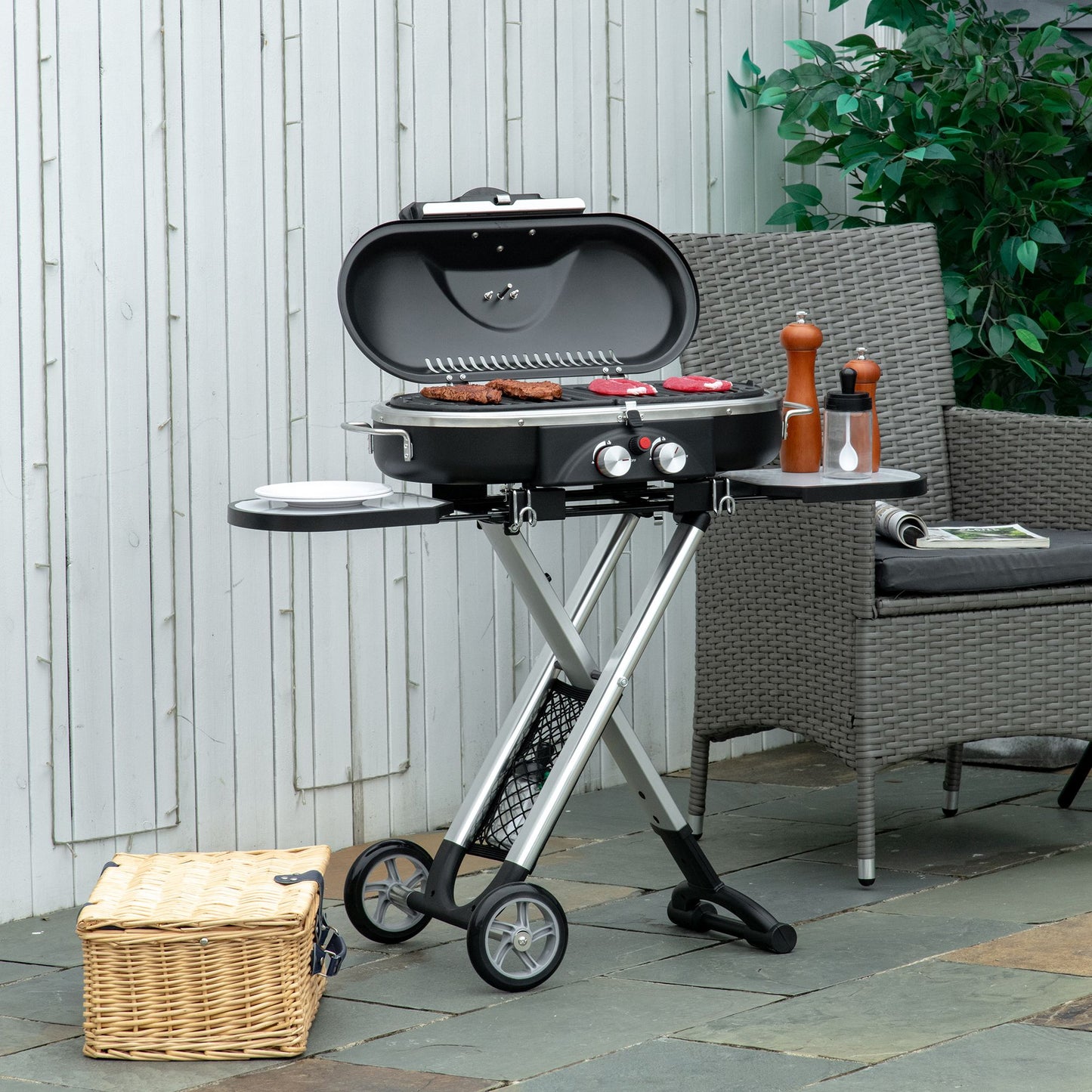 Foldable Gas BBQ 2 Burner Garden Barbecue Trolley w/ Lid Side Shelves Storage Pocket Piezo Ignition Thermometer, Aluminium Alloy