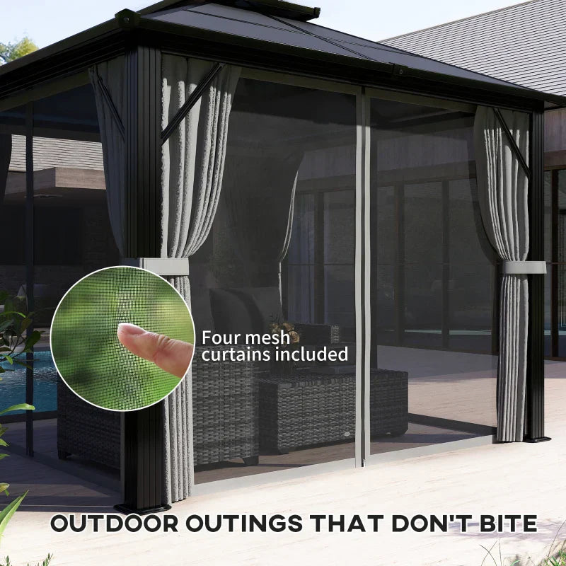Grey 3m x 3m Permanent Hardtop Gazebo with UPF30+ Polycarbonate Roof, Aluminium Frame, Curtains & Mosquito Netting