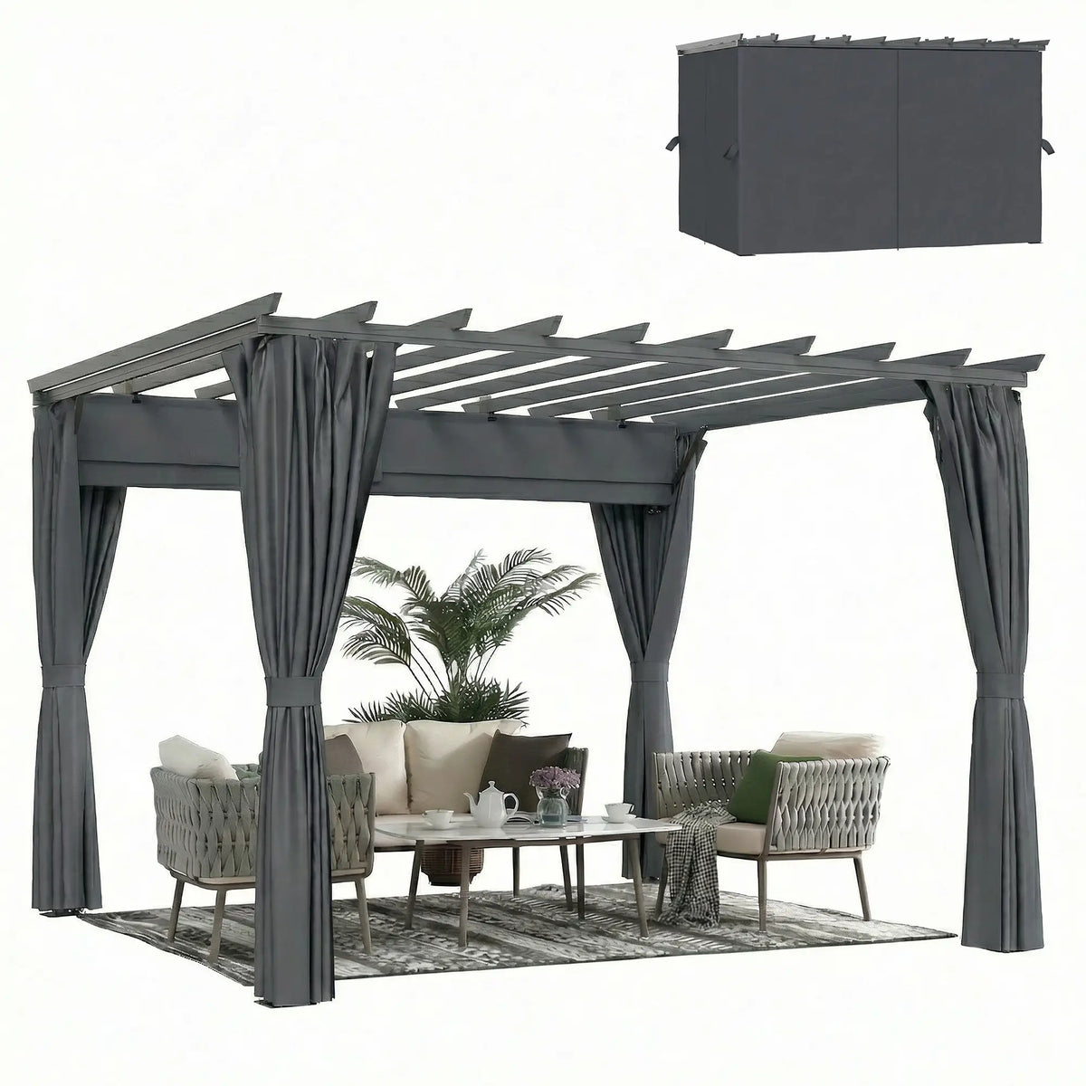 3.6x3m Aluminium Garden Pergola with Retractable Roof Canopy & Curtains – Modern Outdoor Sun Shade Shelter, Weather – Resistant Patio Cover, Dark Grey