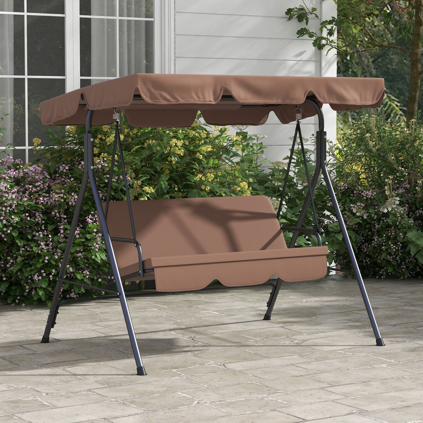 Capri 3 Seater Garden Swing Chair, Outdoor Swing Chair with Adjustable Canopy, Mental Frame & Cushions, Brown