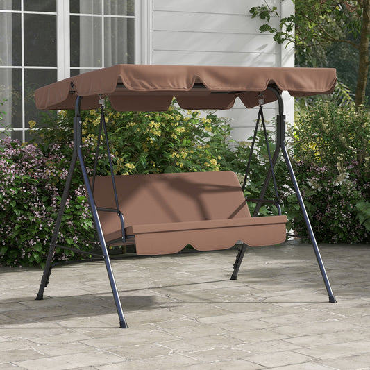 Capri 3 Seater Garden Swing Chair, Outdoor Swing Chair with Adjustable Canopy, Mental Frame & Cushions, Brown