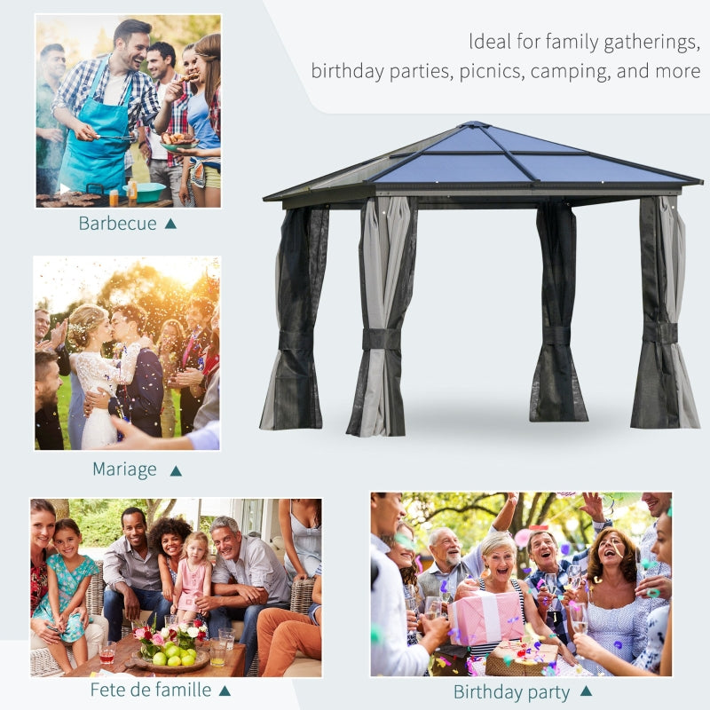 3m x 3m Premium Aluminium Hardtop Gazebo with Polycarbonate Roof, Privacy Curtains & Insect Netting – Dark Grey Garden Pavilion