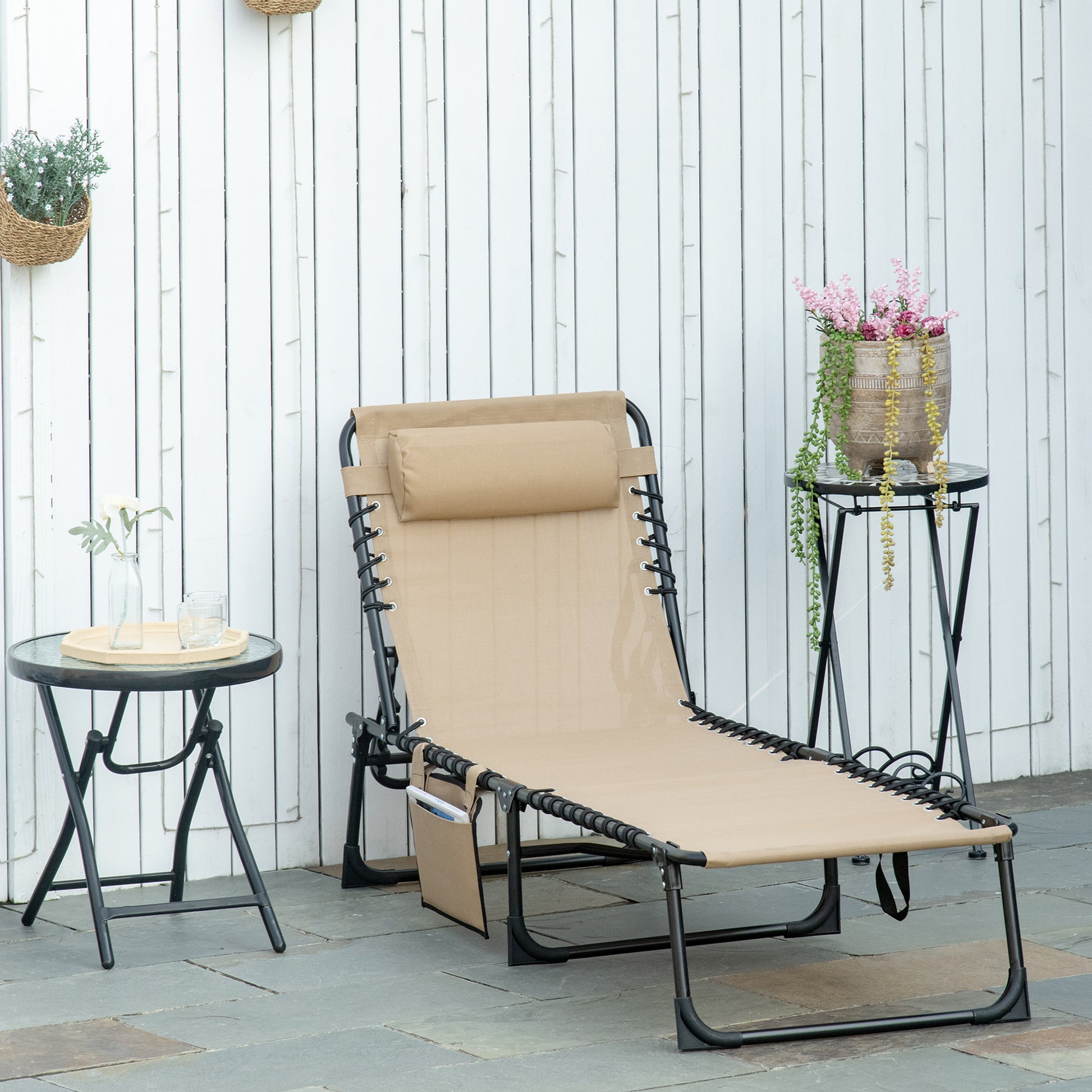 Portable Sun Lounger, Folding Camping Bed Cot, Reclining Lounge Chair 5-position Adjustable Backrest with Side Pocket, Pillow for Patio Garden