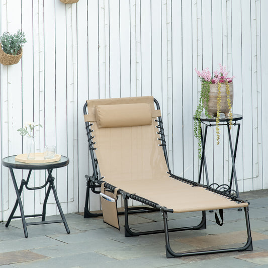Portable Sun Lounger, Folding Camping Bed Cot, Reclining Lounge Chair 5-position Adjustable Backrest with Side Pocket, Pillow for Patio Garden