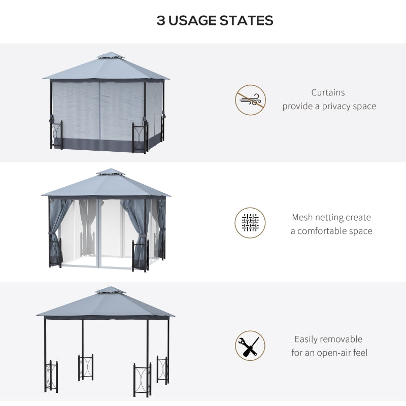 4m x 3.35m Grey Garden Gazebo with Ventilated Double-Tier Canopy & Privacy Side Panels