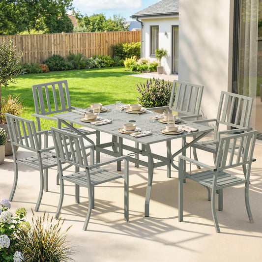 Capri 7 Piece Garden Table and Chairs, 6 Seater Garden Table and Chairs with Umbrella Hole, for Garden, Light Grey