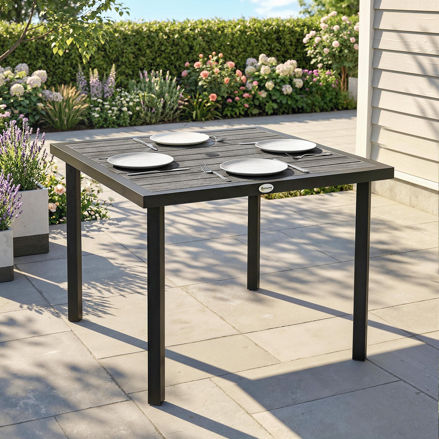 Portofino Square Garden Dining Table with Parasol Hole, Slatted Top, Metal Frame, 86 x 86 x 71 cm, Light Grey