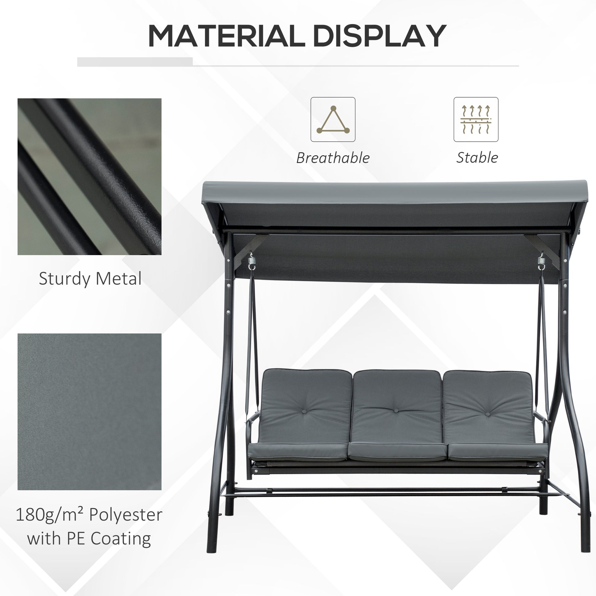 Outsunny 3 Seater Garden Swing Chair, 2 in 1 Convertible Patio Swing Seat Bed with Adjustable Canopy, Cushions and Metal Frame, Outdoor Hammock Bench Chair for Balcony, Terrace, Dark Grey