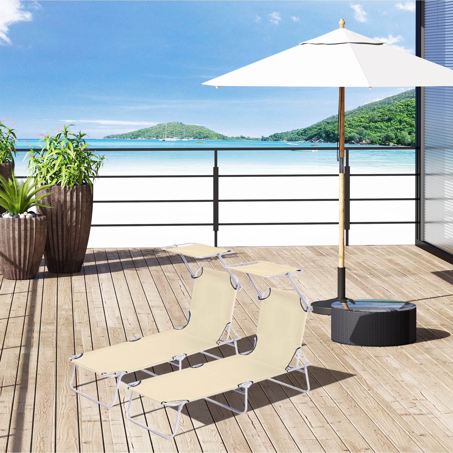 2 Pieces Outdoor Foldable Sun Lounger, 4 Level Adjustable Backrest Reclining Sun Lounger Chair with Angle Adjust Sun Shade Awning for Beach,