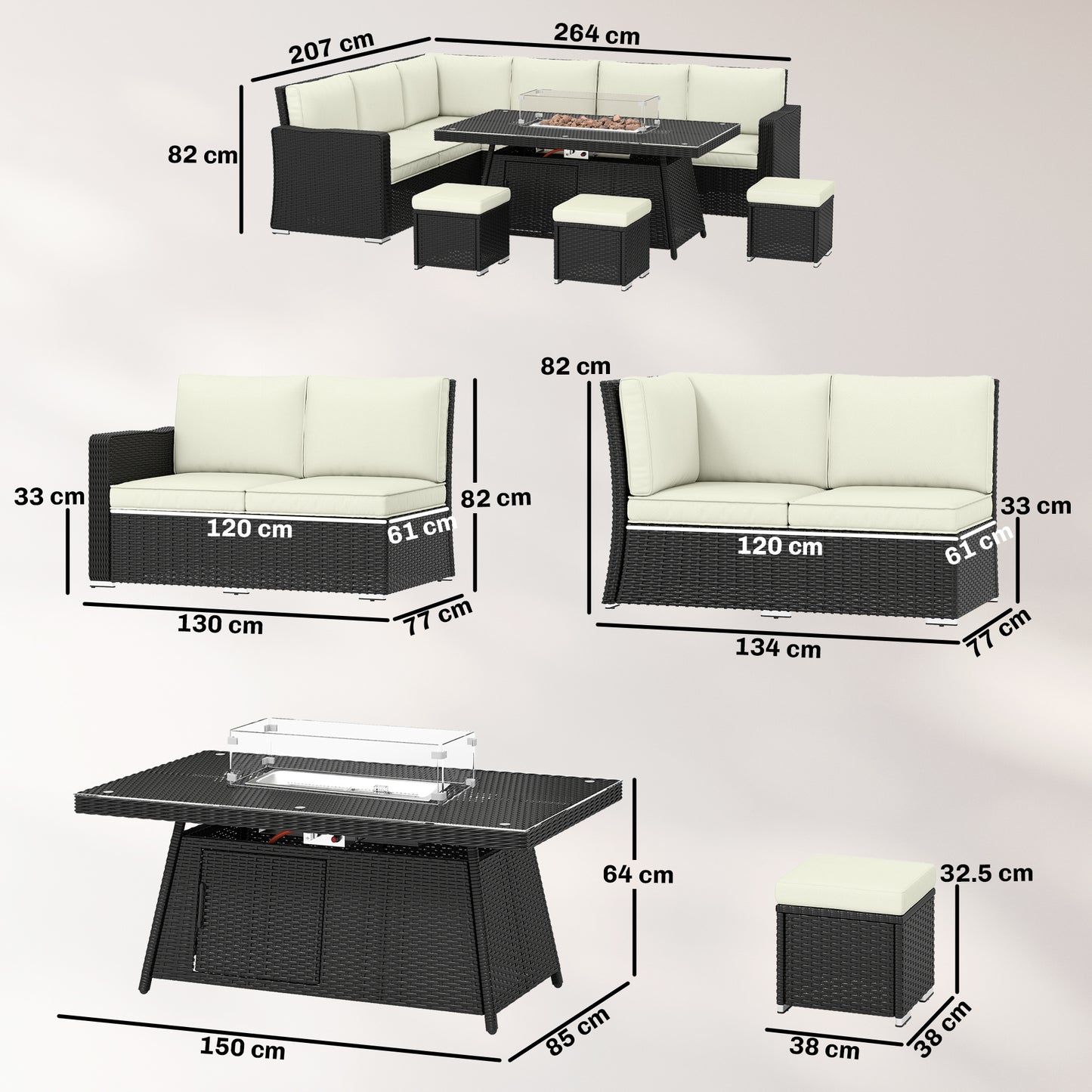Outsunny 7 Pieces PE Rattan Garden Furniture Set, 50,000 BTU Gas Fire Pit Table, Black