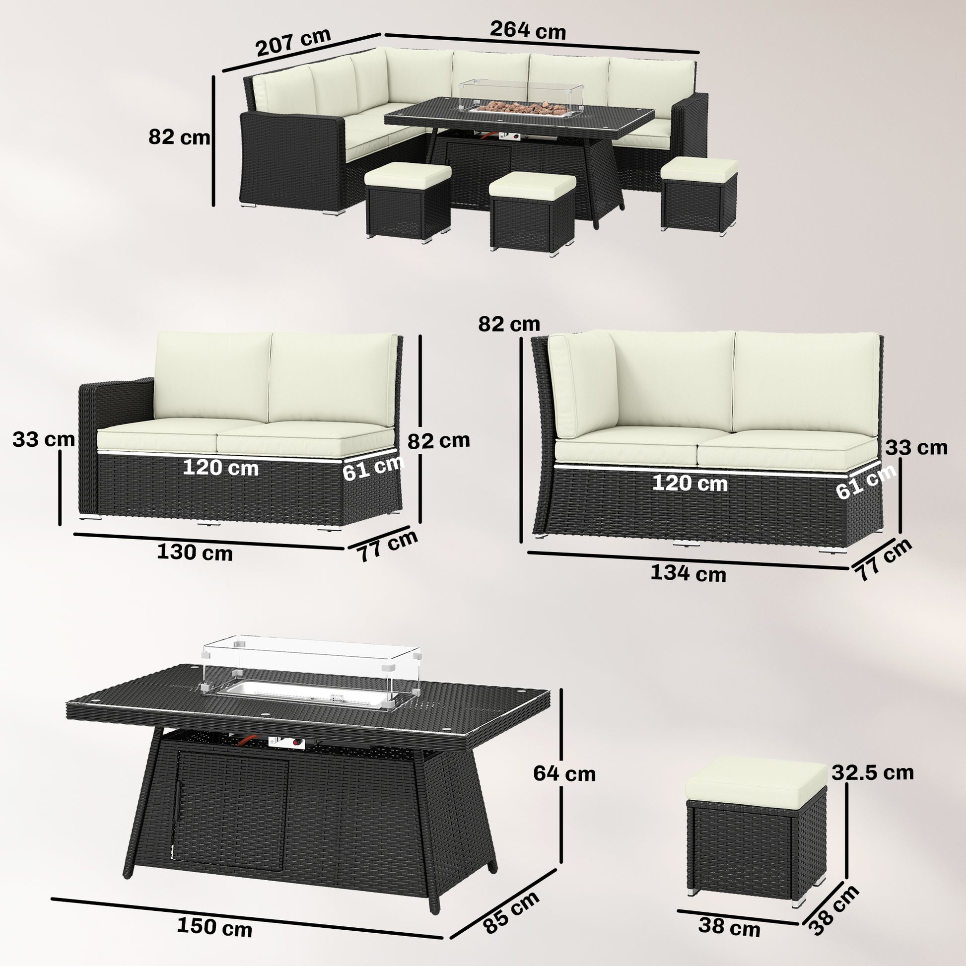 Outsunny 7 Pieces PE Rattan Garden Furniture Set, 50,000 BTU Gas Fire Pit Table, Black