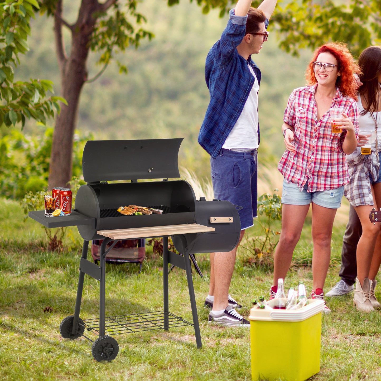 Portable Charcoal BBQ, Cold-rolled Steel, Solid Wood
