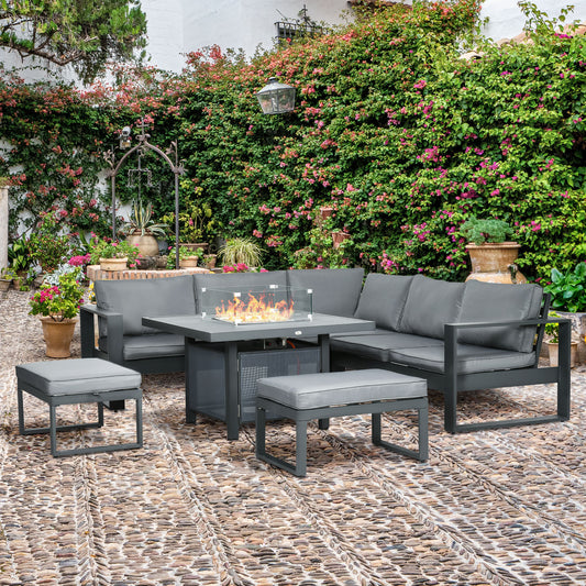 Tivoli 6-Piece Aluminium Garden Furniture Set with Fire Pit Table, Garden Dining Sofa Set with Cushions