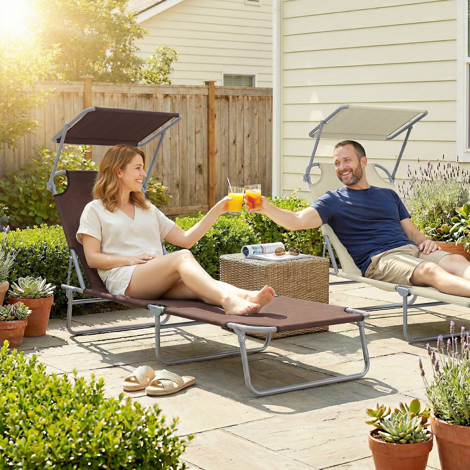 Folding Sun Lounger with Canopy, Reclining Sunbed with 4-Position Adjustable Backrest, 600D Oxford Cloth, Portable Garden Lounger Recliner Chair