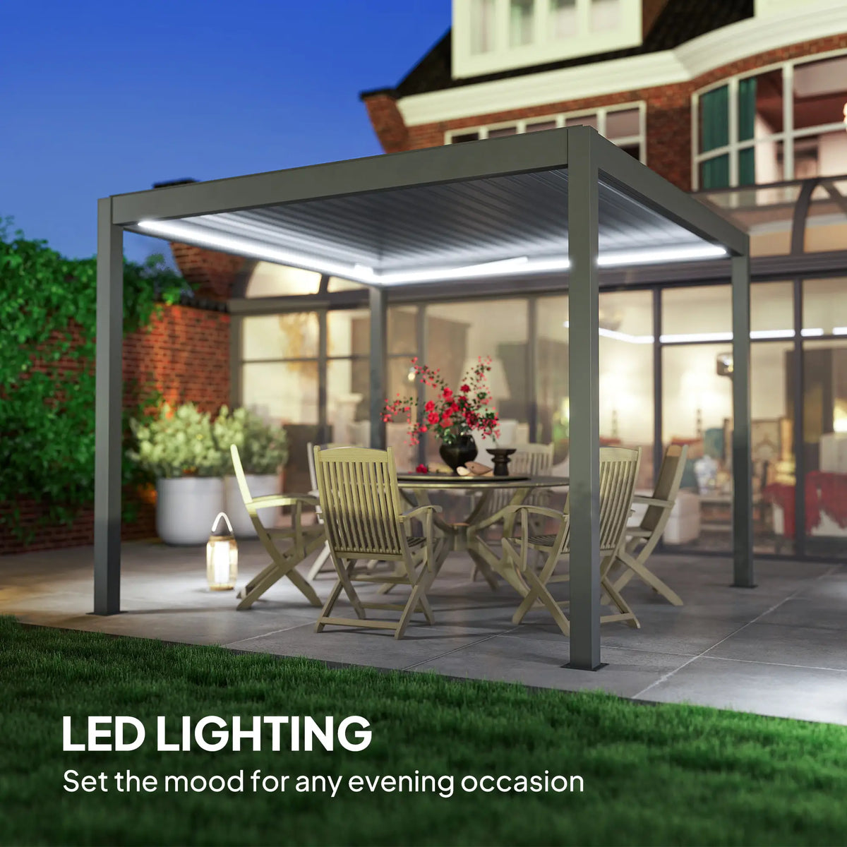 3m x 3m Dark Grey Motorised Aluminium Pergola with Remote – Controlled Louvered Roof, LED Lighting & Integrated Rainwater Drainage System