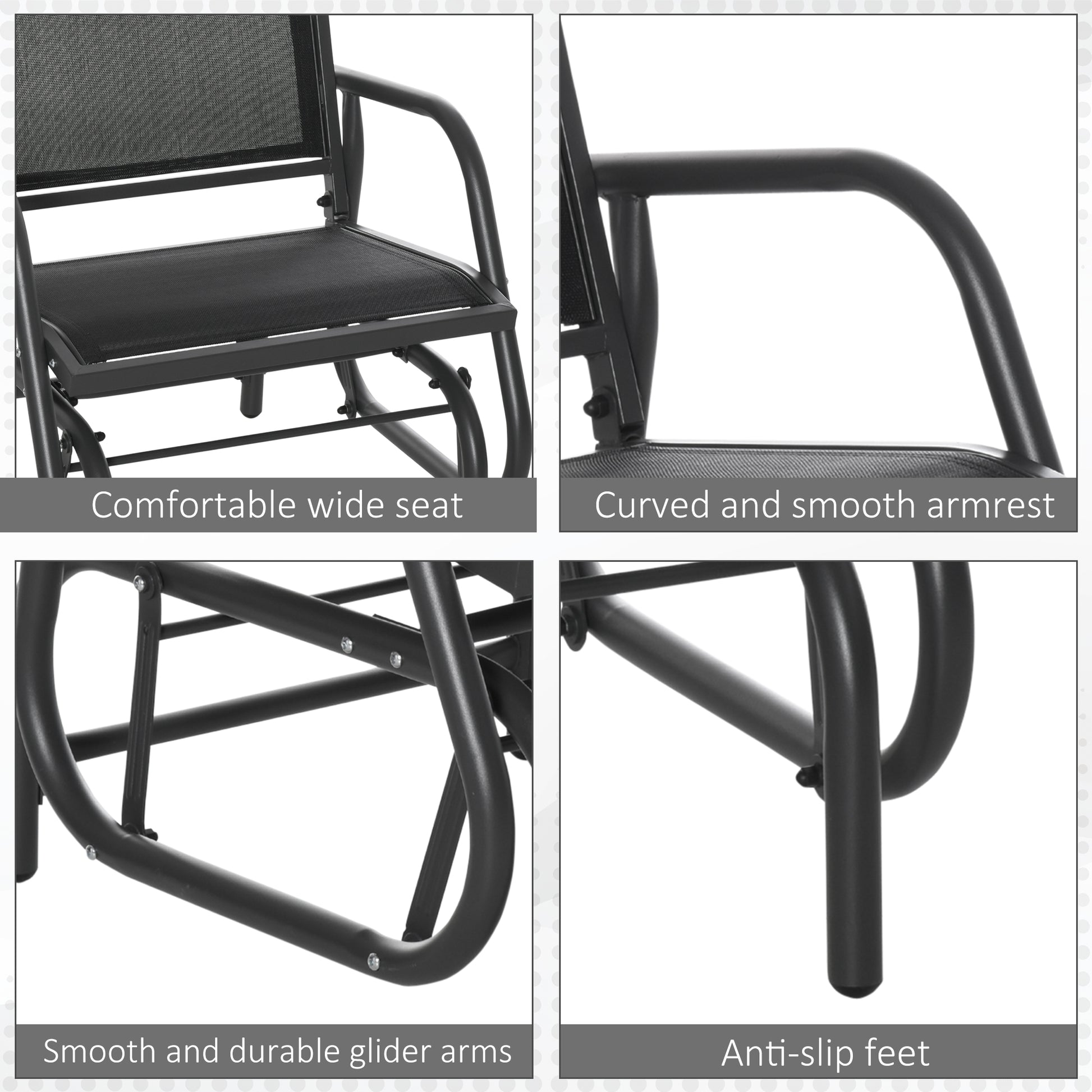Outsunny Outdoor Garden Glider Chair, Metal Frame Single Armchair Swing Seater w/ Breath Mesh Fabric Seat, Curved Backrest, Armrests, for Living Room, Patio, Porch, Dark Grey