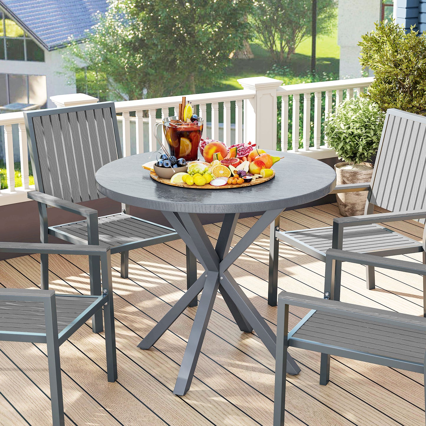 Tivoli Garden Table, 85cm Round Garden Dining Table with Steel Frame, Wood Effect Top, for Balcony, Deck, Dark Grey