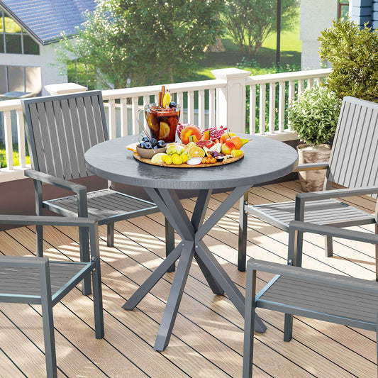 Tivoli Garden Table, 85cm Round Garden Dining Table with Steel Frame, Wood Effect Top, for Balcony, Deck, Dark Grey