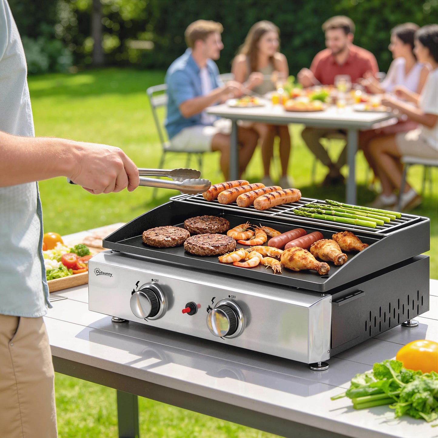 2 Burner Grill Griddle, Portable Gas Plancha with Warming Rack, 5 kW, Tabletop Gas BBQ with Grease Cup