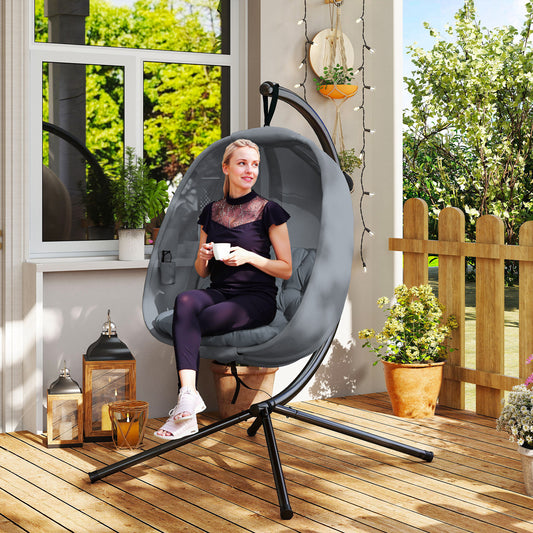 Monaco Hanging Egg Chair, Folding Texteline Swing Hammock with Side Pocket, Cushion and Stand for