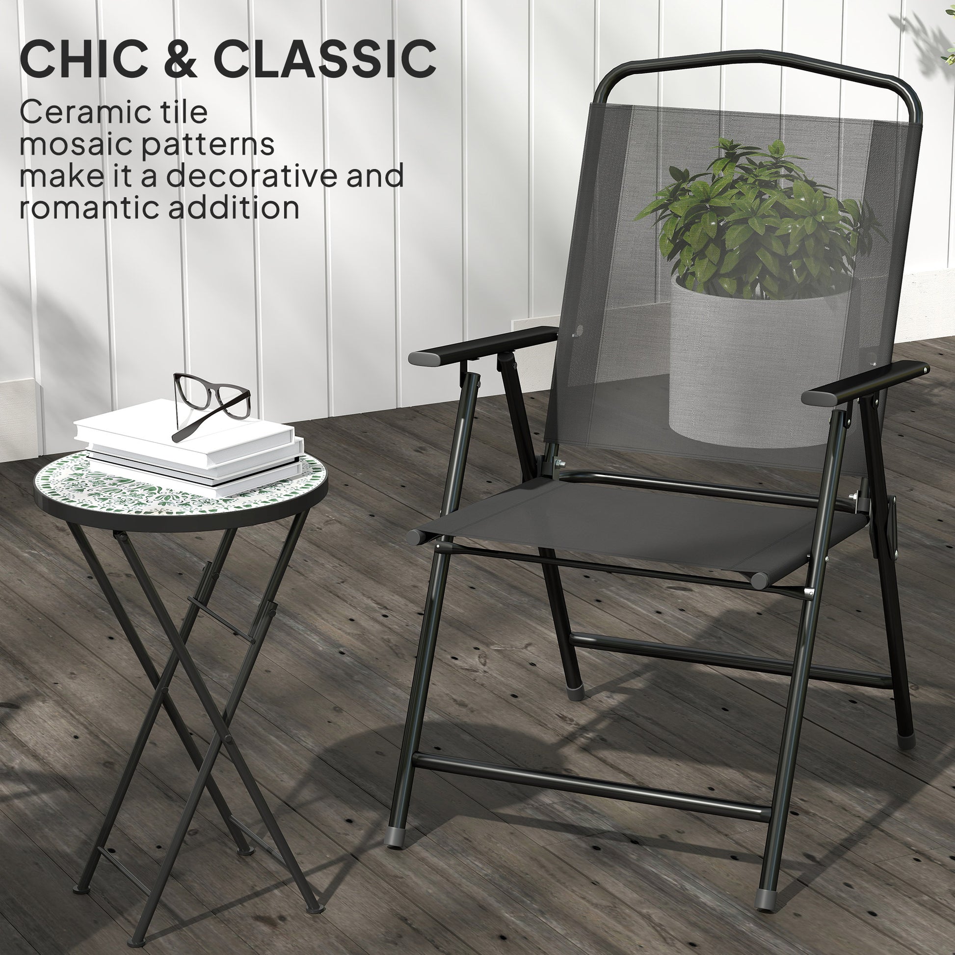 Outsunny Mosaic Outdoor Garden Table, 35.5cm Round Folding Coffee Table with Metal Frame for Balcony Terrace, Green