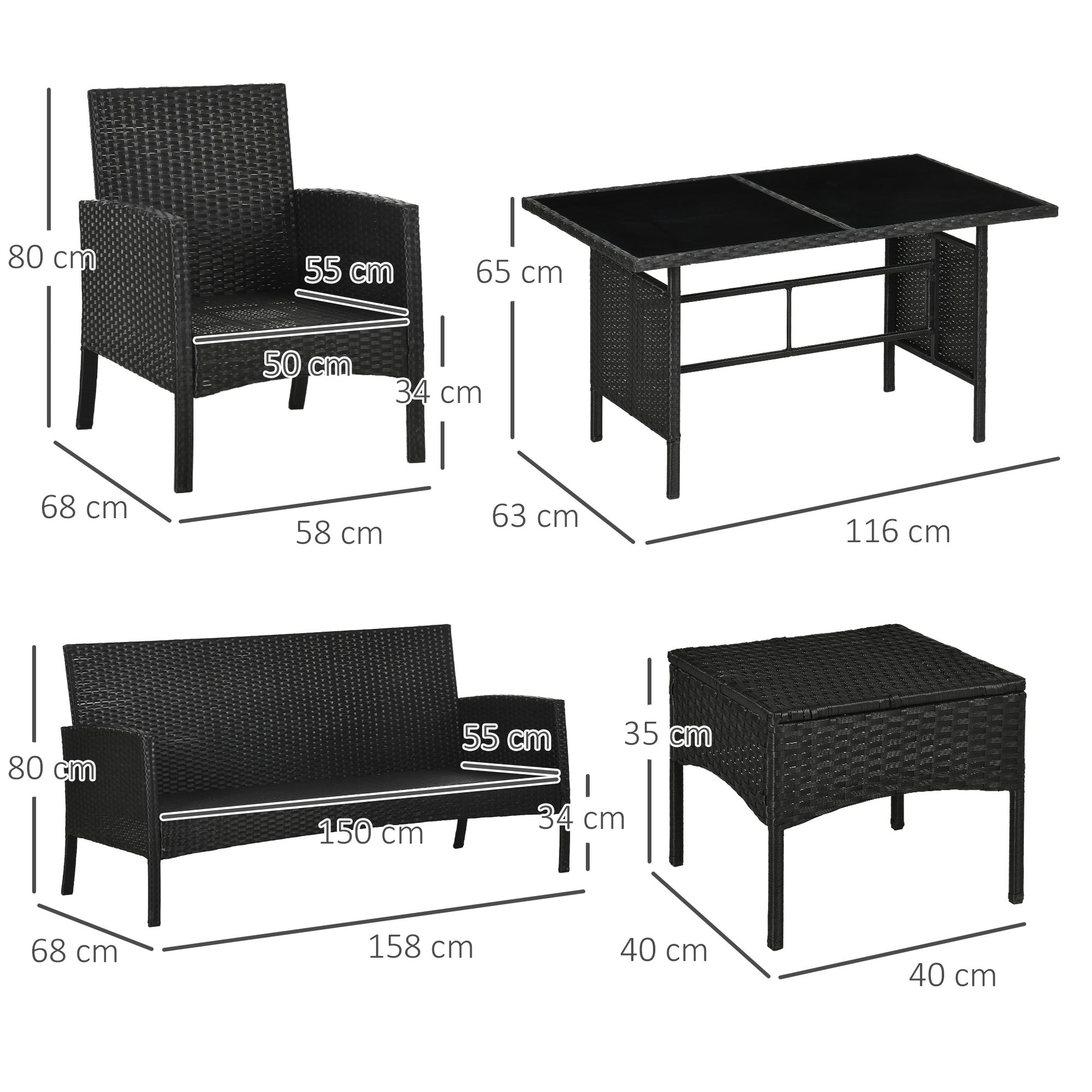 Outsunny 7 Seater Rattan Garden Furniture Set, 6 Piece Garden Dining Set, Armchairs, 3-Seater Sofa, Footstools, Glass Dining Table, Cushions, Wicker Outdoor Furniture for Conservatory Patio, Cream