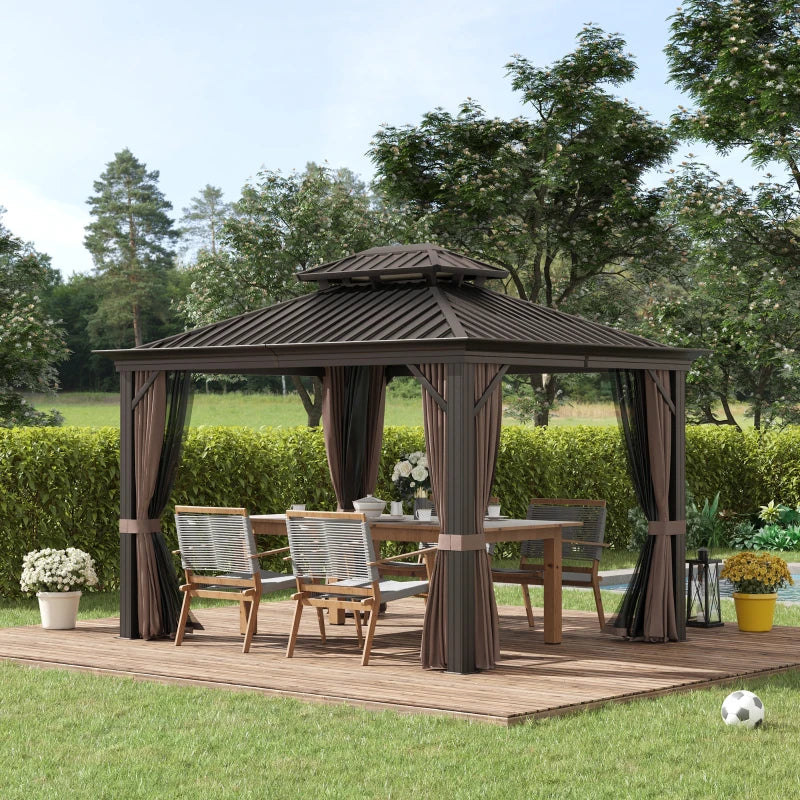 3.65m x 3m Aluminium Hardtop Gazebo - Brown Double Roof Patio Shelter with Privacy Curtains